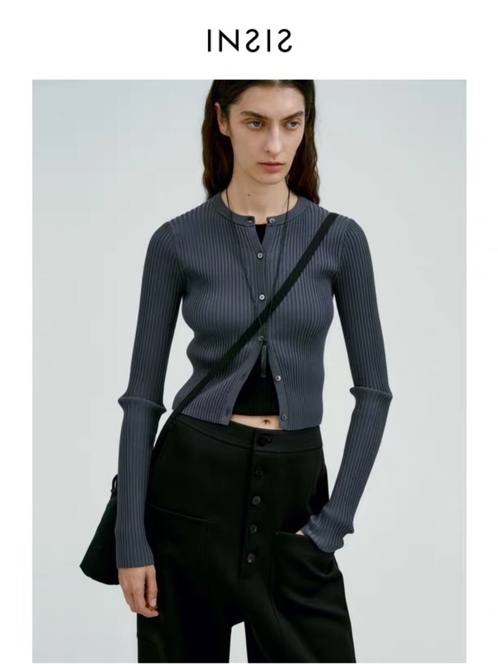 NWT designer Ribbed Button-Front Long Sleeve Top in Charcoal